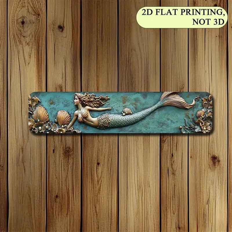 2D Flat, 1pc 4x16 Inch Aluminum Wall Art Sign - Enchanting Mermaid with Sea Jewels, Turquoise & Golden Coastal Decor for Bedroom