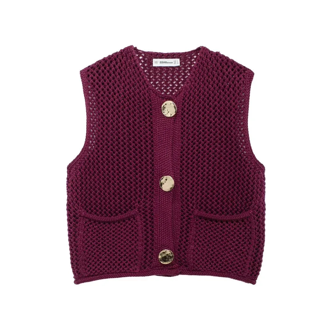 Women Fashion Sleeveless Coarse Needle Knitting Vest Sweater Female Chic Big Pockets Patch Buttons Cardigan Waistcoat Tops