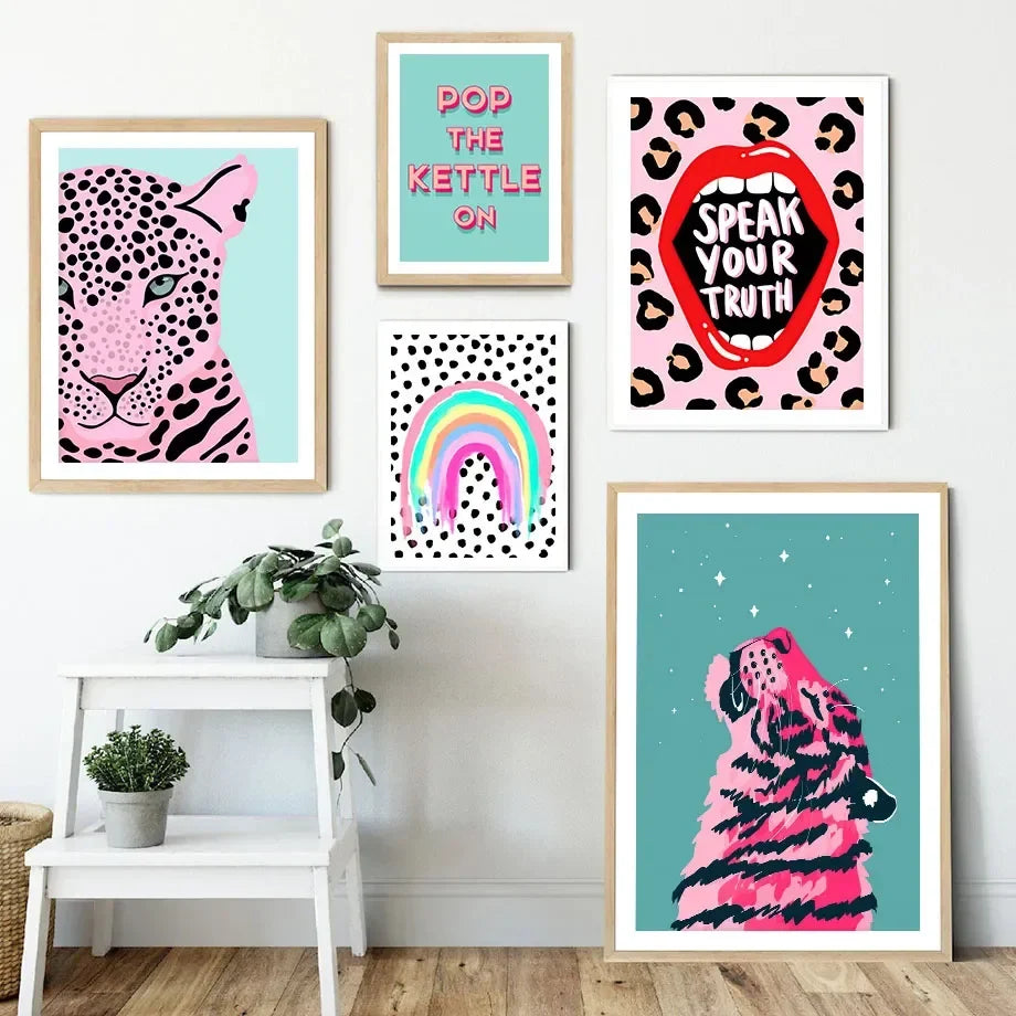 Wild Leopard Tiger Rainbow Girl Power Lips Vase Flower Wall Art Canvas Painting Nordic Poster Wall Picture For Living Room Decor