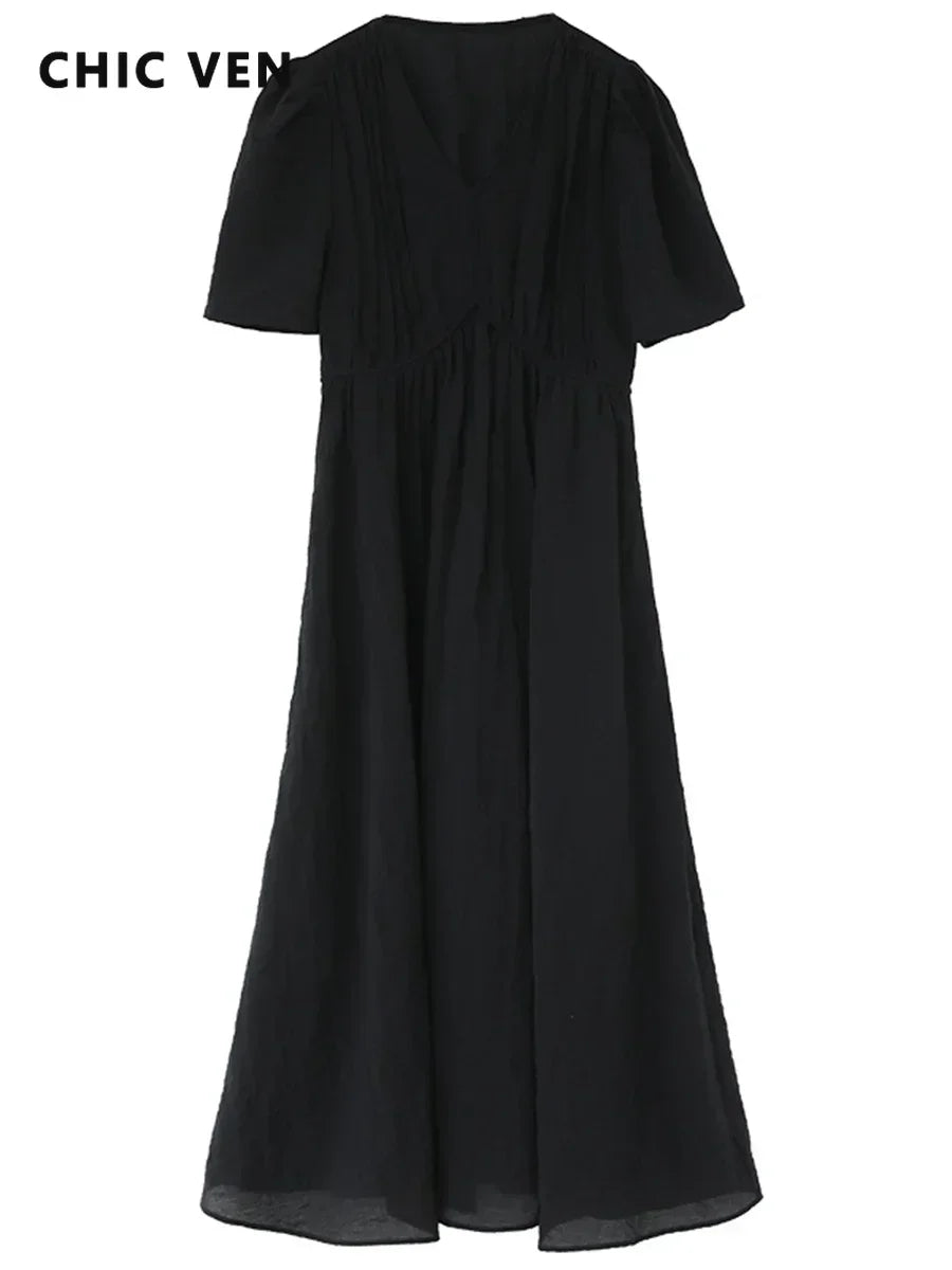 CHIC VEN Women Dresses French Style Vintage V-neck Puff Sleeve Long Dress Solid Black Loose Female Clothing Summer New 2023