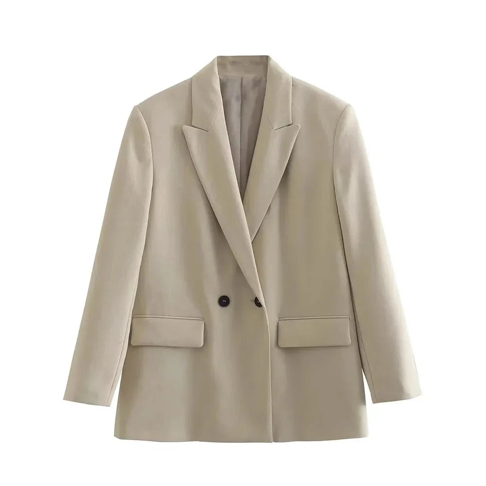 Women Fashion Double Breasted Loose Fitting Blazer Coat Vintage Long Sleeve Pockets Female Outerwear Chic Veste Femme