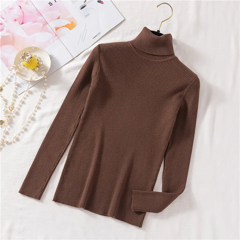 2026 Autumn Winter Women Long Sleeve Knitted Foldover Turtleneck Ribbed Pull Sweater Soft Warm Femme Jumper Pullover Clothes