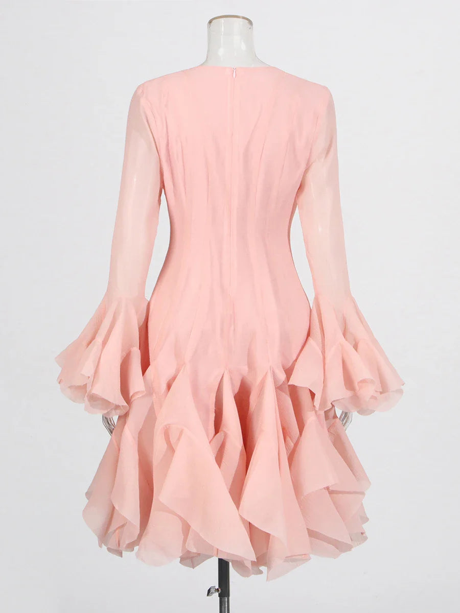 TWOTWINSTYLE Solid Long Dresses For Women Round Neck Flare Sleeve High Waist Slim A Line Spliced Ruffles Dress Female Fashion