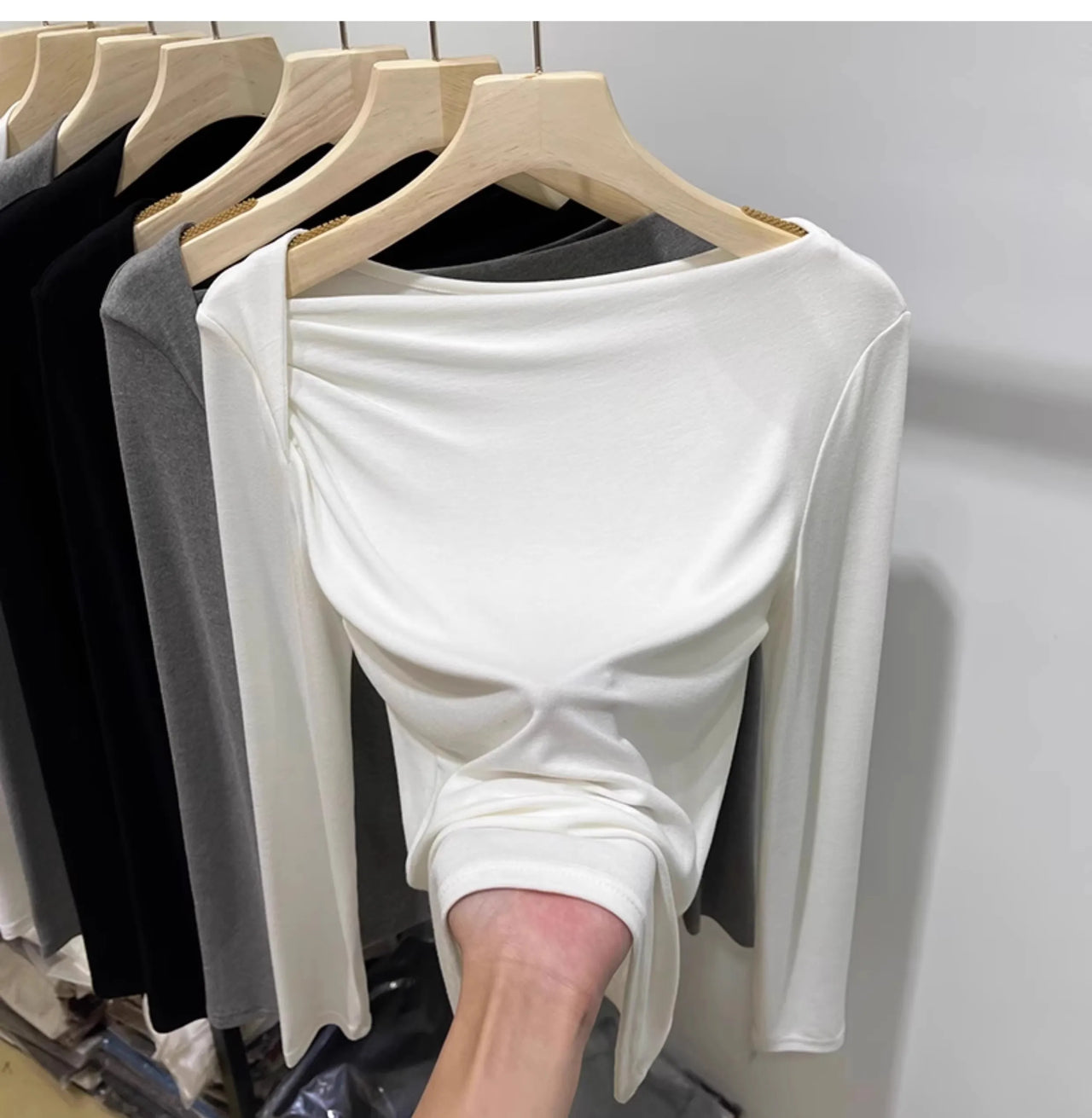 Long Sleeve Top T-Shirts Women Basic Crop Top Autumn Pollover Solid Skew Neck T Shirt Streetwear Basic Black Y2K Tees