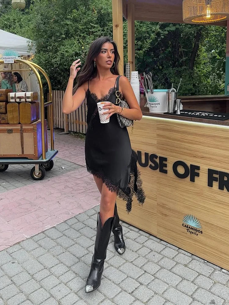 Sexy Solid Sling Lace Dress For Women Fashion Off Shoulder Backless High Waist Mini Vestidos 2025 Chic Summer Holiday Dresses