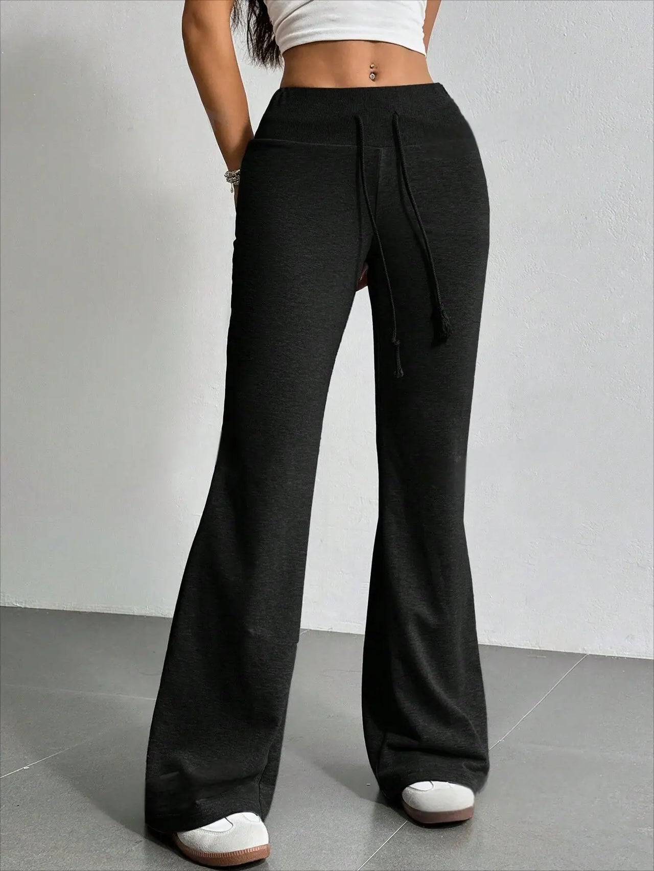 Spring and summer new solid color drawstring women's bell bottom pants for casual and fashionable wear