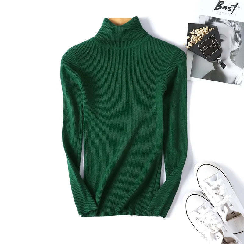 2026 Autumn Winter Women Long Sleeve Knitted Foldover Turtleneck Ribbed Pull Sweater Soft Warm Femme Jumper Pullover Clothes