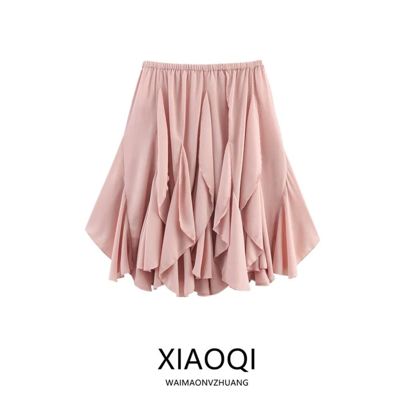 Mid-Length Women's Skirt 2025 Summer New Sle Decorative Layered Design Mid-Waist A-Line Skirt Faionable Ladies Skirt
