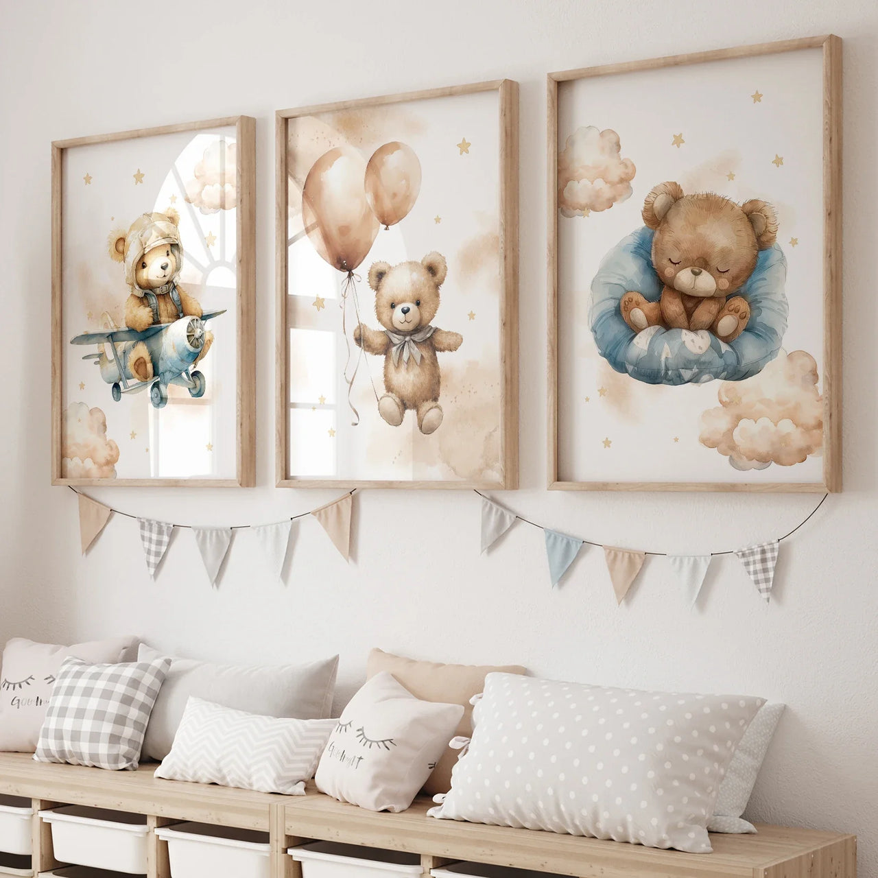 3pcs Cartoon Children Yellow Teddy Bear Vehicle Wall Art Prints Canvas Painting Poster Picture For Living Room Home Decor