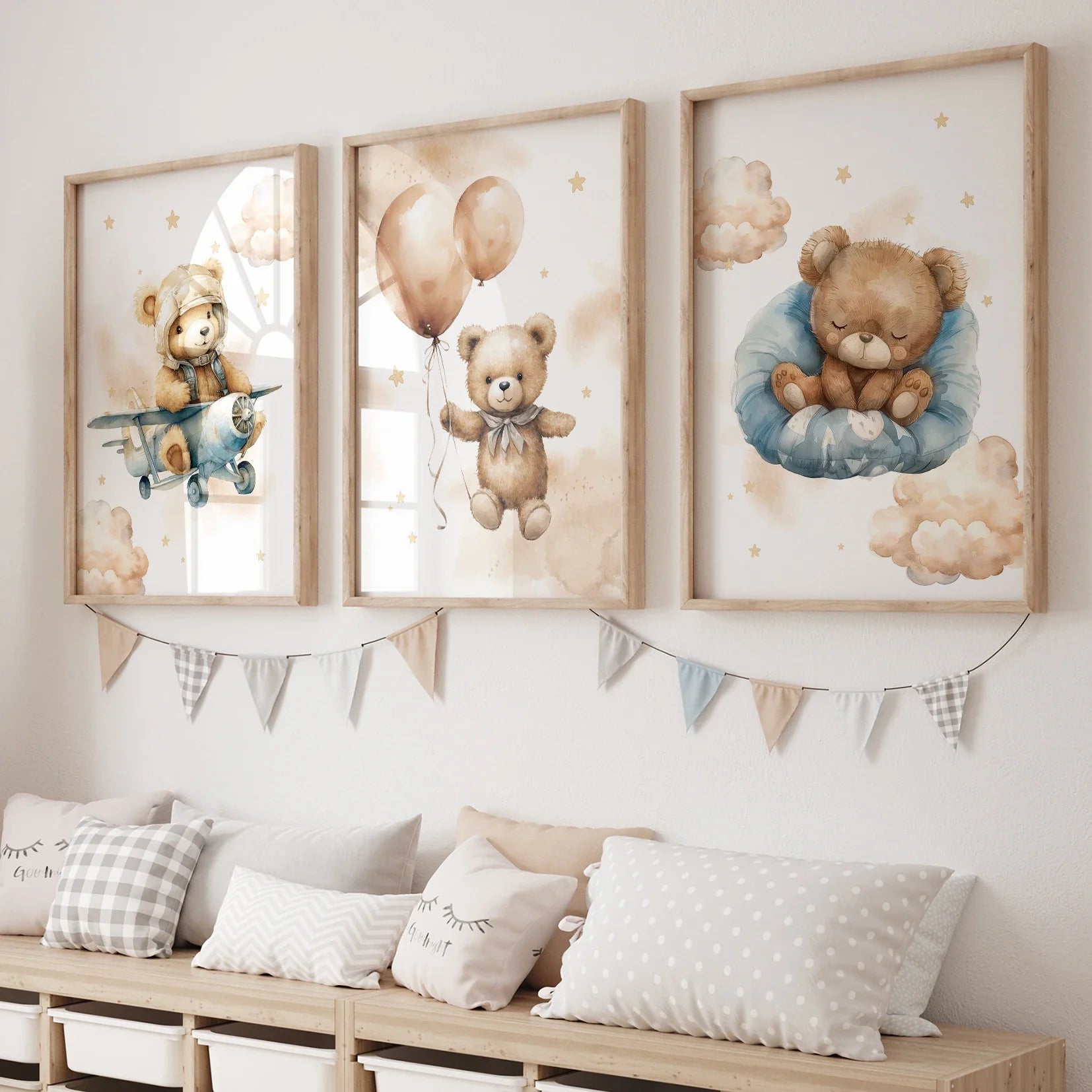 3pcs Cartoon Children Yellow Teddy Bear Vehicle Wall Art Prints Canvas Painting Poster Picture For Living Room Home Decor