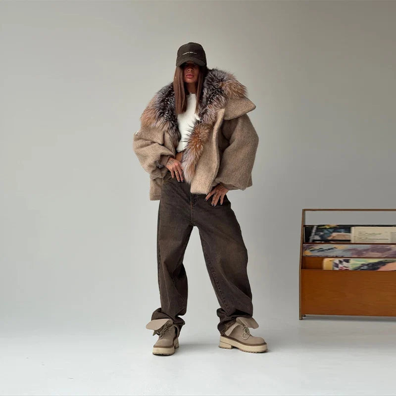 Vintage Thicken Faux Fur Woolen Jacket Women Fashion Hooded Pocket Lantern Sleeve Elastic Waist Coat Winter Female Daily Outwear