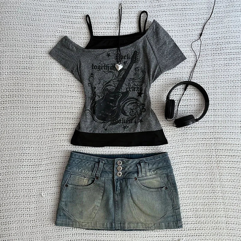 Y2k Slim Fit Print Tops Women Off Shoulder Short Sleeve Tee Shirt Neploe American Vintage Fake Two Piece Halter Lace Up T-shirts