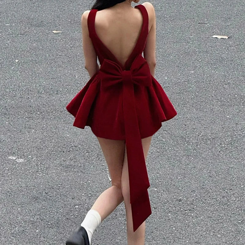 BKLD Fashion Red Bowknot Mini Dress Straps Square Collar Sleeveless Backless Vintage Cute Ladies Slim Party Short A-line Dresses