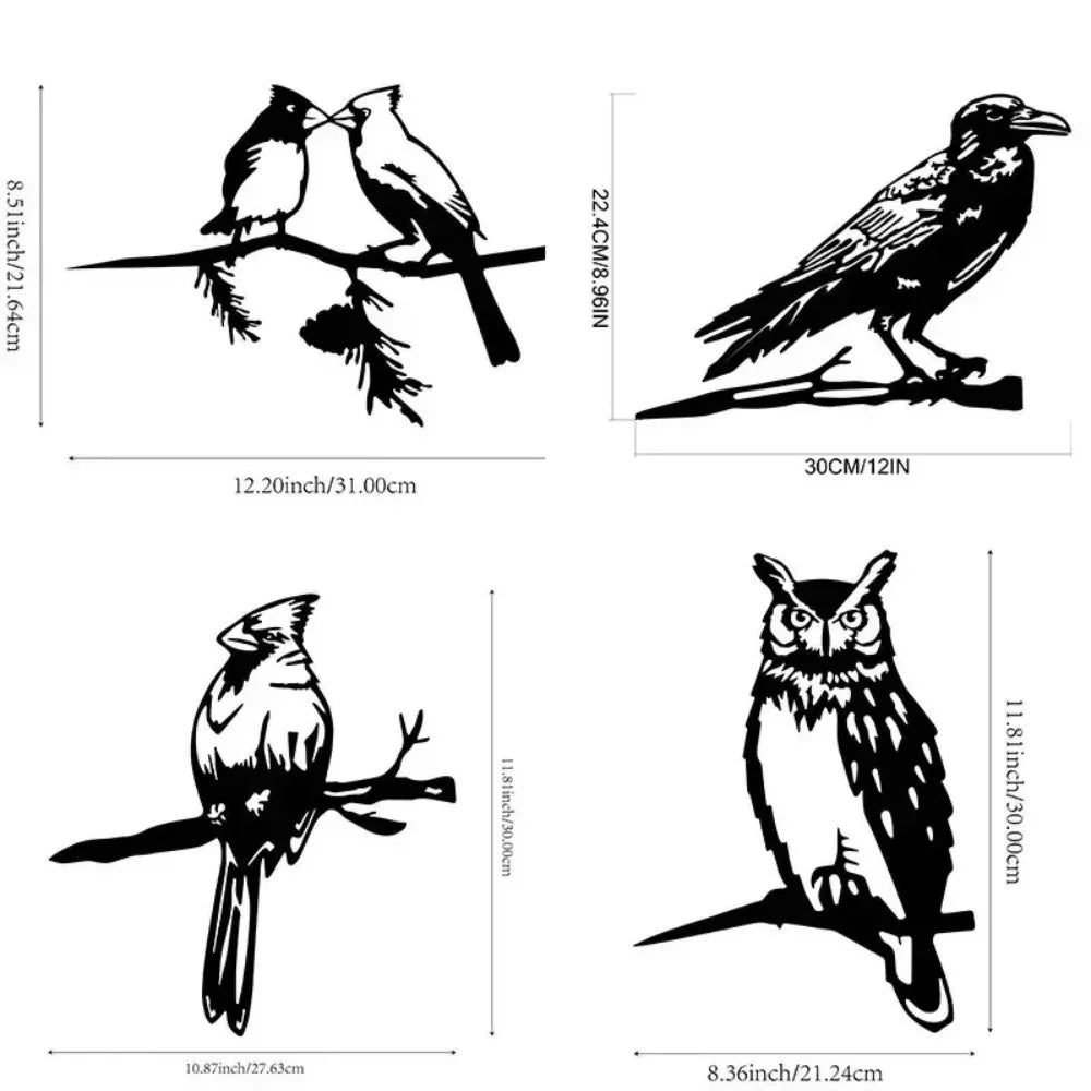 Metal Bird Tree Yard Decor - Crow & Owl Silhouette Steel Art Sculpture, Weather-Resistant Outdoor Garden Decor