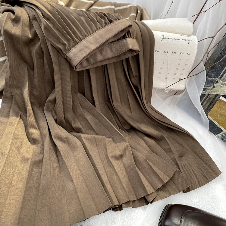 2026 Elegant High Waist Pleated Skirt for Women Mid-long Midi Skirt Female High Quality Black Saia