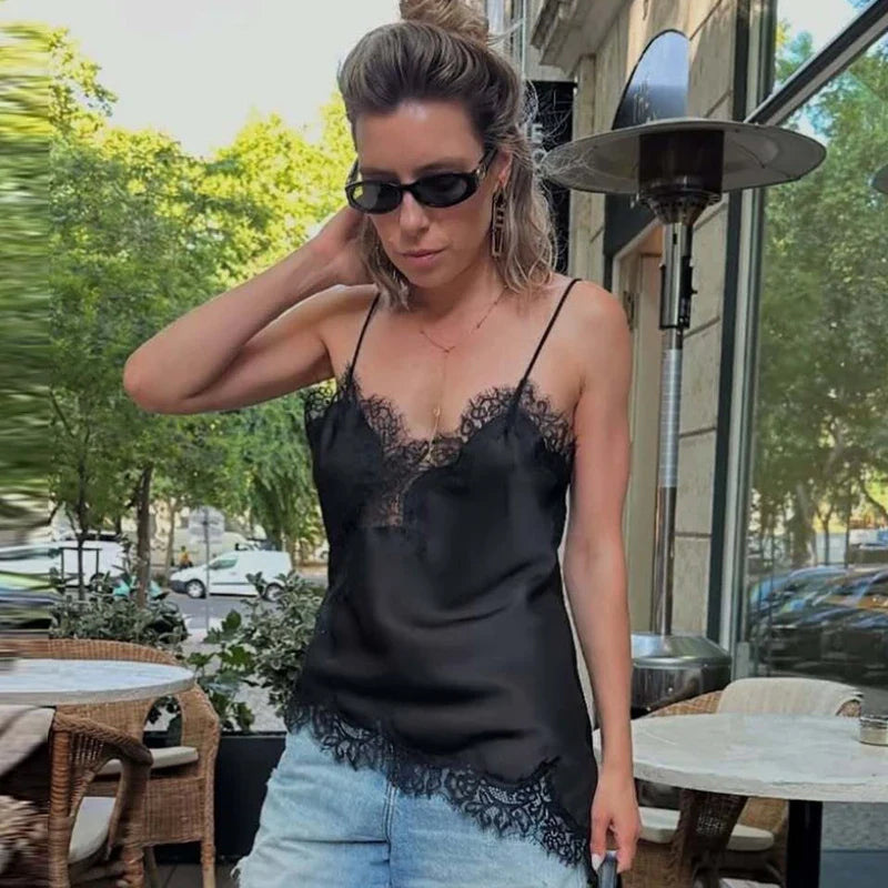 HXAO Asymmetrical Slip Top Women Summer 2025 Y2K Tanks & Camis Lace Black Off Shoulder Top Elegant Sleeveless Backless Camisole