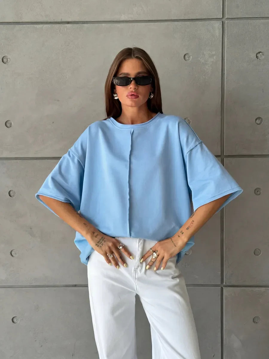 Hirsionsan Summer Casual Oversized T-shirts Women 100% Cotton Pink Loose Tees 2025 New Cusual Solid O Neck Female Aesthetic Tops