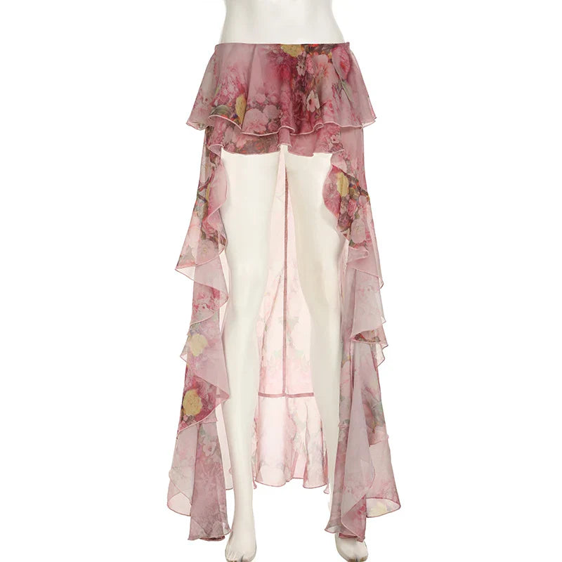 SUCHCUTE Y2K Vacation Floral Printed Long Skirts Holiday Beach Sexy Low Waist Aesthetics Lace Skirt Women Grunge Party Outfits