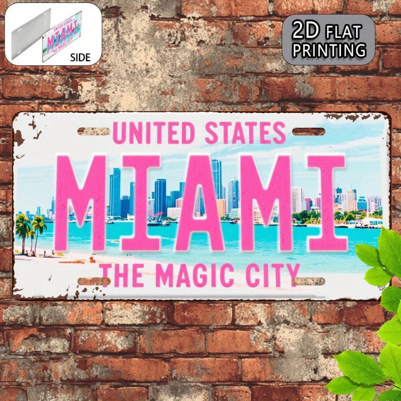 2DFlat Miami retro Metal Aluminum Sign License Plate，Travel Souvenirs，Friend Gift，Birthday Gift