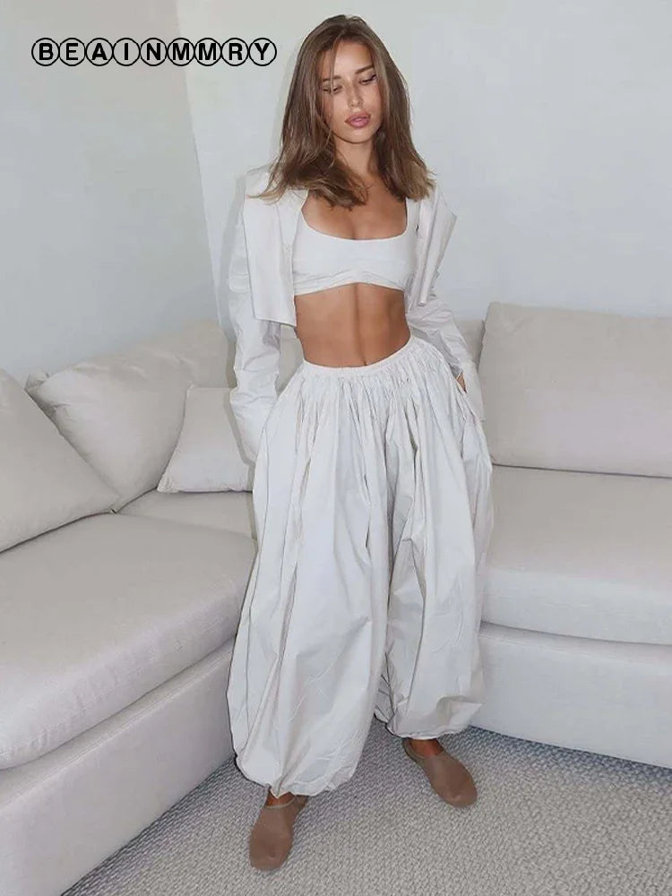 Drop Waist Lantern Pant 3 Pieces Suit Women Stripe Bikini Long Sleeve Lapel Shirt Pants Sets 2026 Female Casual Street Outfit