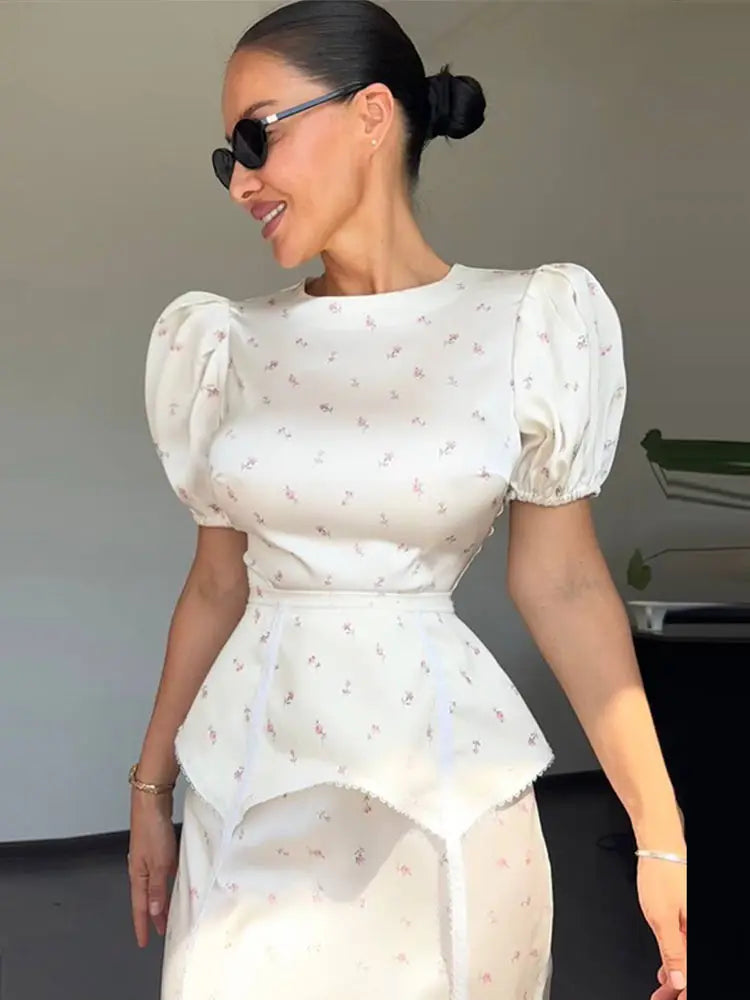 Women's White Floral Print Puff Sleeve Dress With Waistband Fashion Satin Ruffled Hem Maxi Dress Lady 2026 Elegant Party Robes
