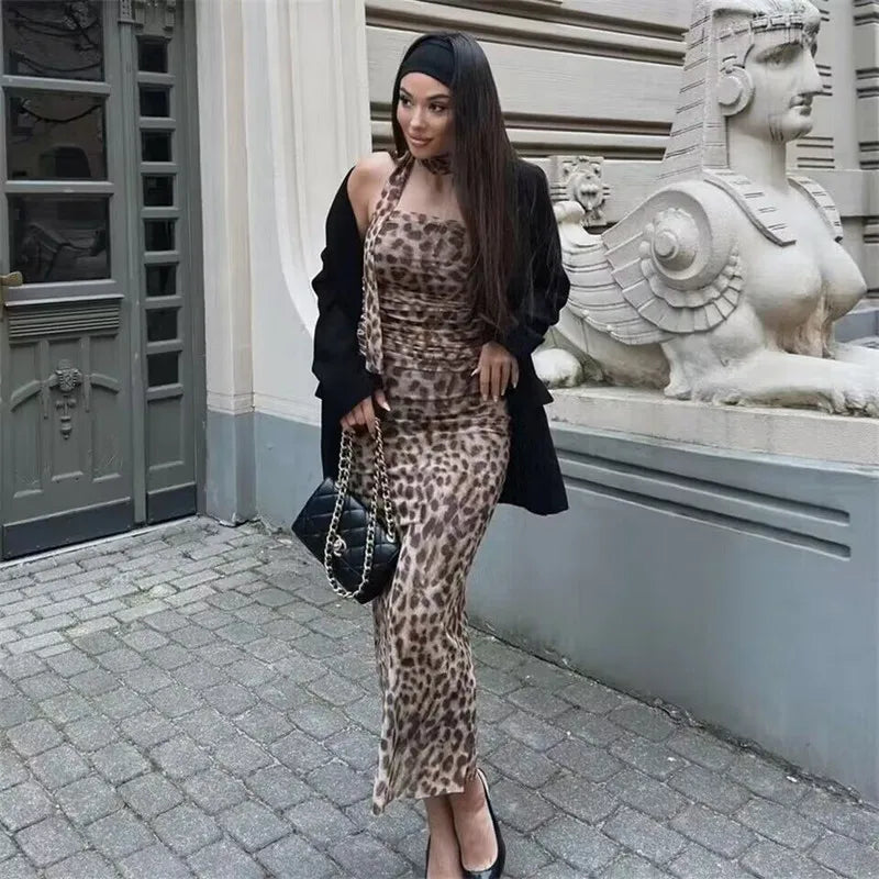 MUJER Leopard Print Tulle Crop Top Woman Ruched Off Shoulder Bandeau Top Women Sleeveless Backless Tube Top Summer Sexy Tops