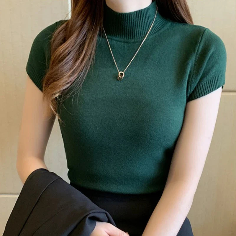 Turtleneck T-Shirt Women's Fashion Jumper Casual Tops Korean Style Elegant Solid-Coloured Clothing Spring And Summer Season