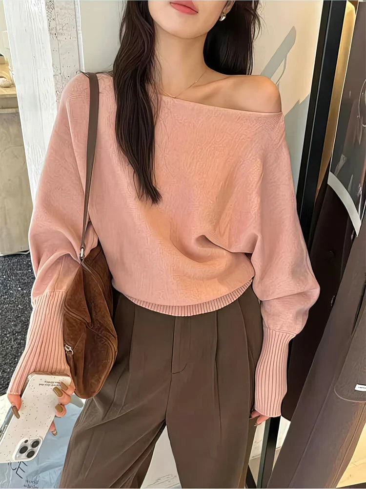 Batwing Long sleeve Knitted Pullover Women 300g Thick Off shoulder Top Korean Fashion Sweater Loose Casual Autumn Outwear Pull