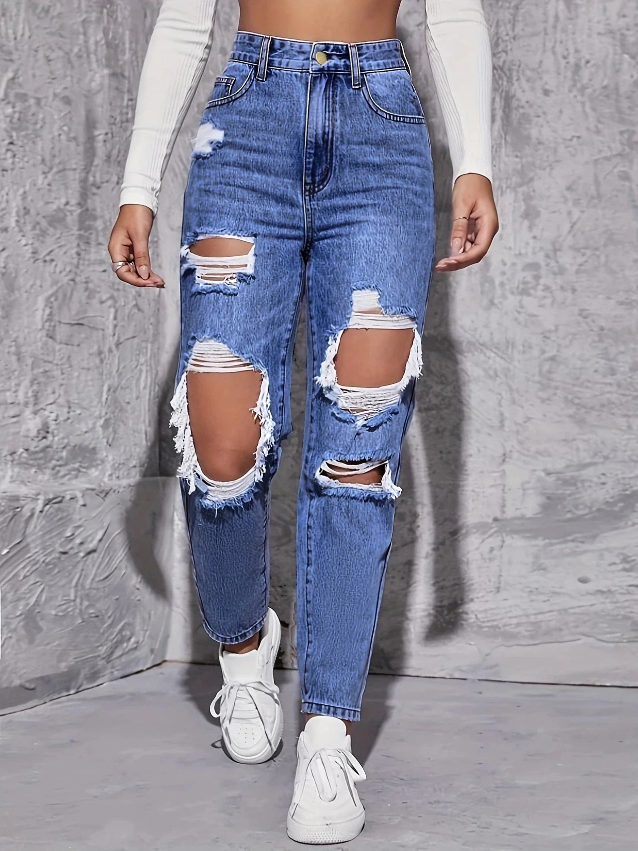 CPSYMYM American Retro Hole-punched Jeans Women High Waist Straight-crotch Loose Slim Design High-street Vibe Wide-legged Draggi