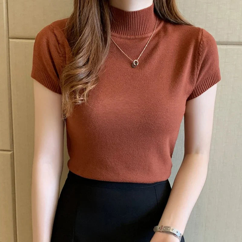 Turtleneck T-Shirt Women's Fashion Jumper Casual Tops Korean Style Elegant Solid-Coloured Clothing Spring And Summer Season