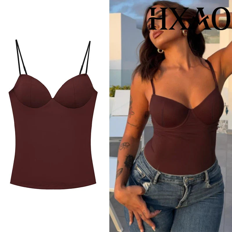 HXAO Woman Tops Corset Crop Top Women Sleeveless Black Brown Top With Straps Camisole Bodycon Backless Sexy Tops Bustier