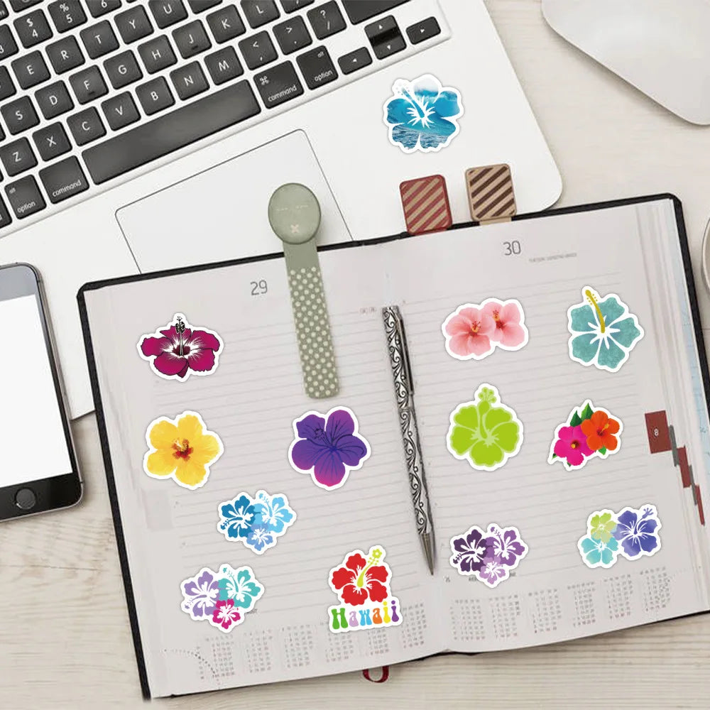 60/120PCS Hibiscus Flower Graffiti Sticker Car Luggage Water Cup Computer Stationery Laptop Sticker