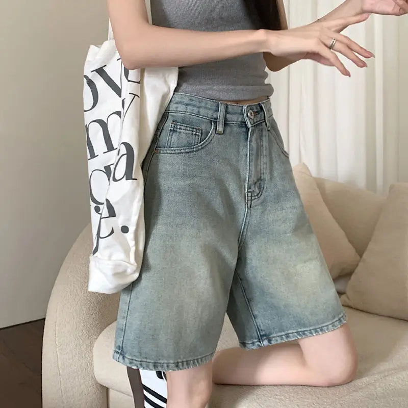 Denim Shorts Women Summer Loose Button Zipper Pockets Vintage Retro High Waist Korean Style Casual Cozy Solid Simple All-match