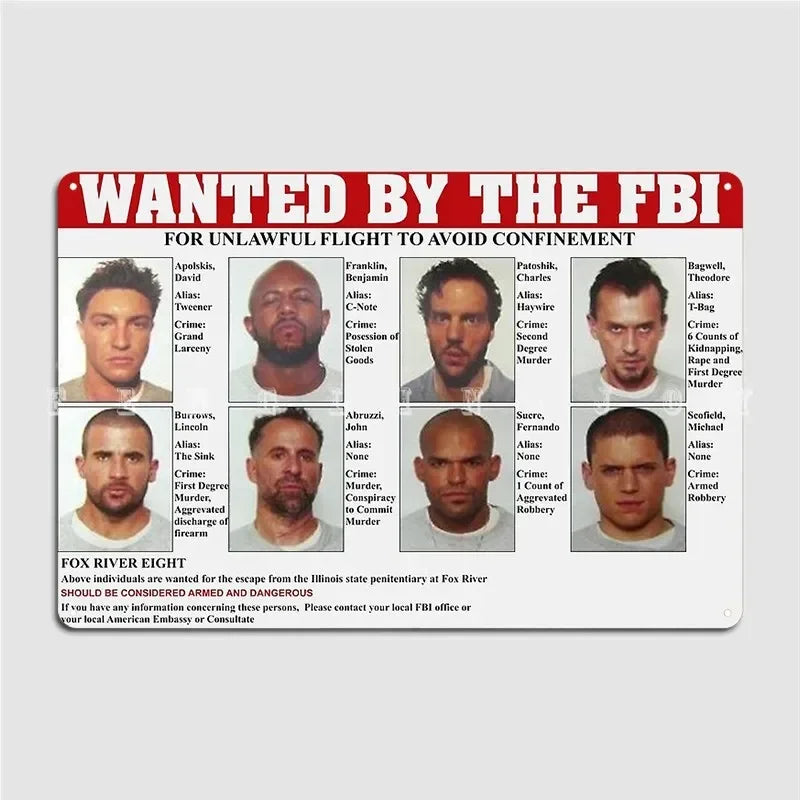 BarMovieArt Prison Break FBI Metal Plaque - Wanted Poster Tin Sign with Iconic Inmate Mugshots & FBI Logos, Stunning Decor