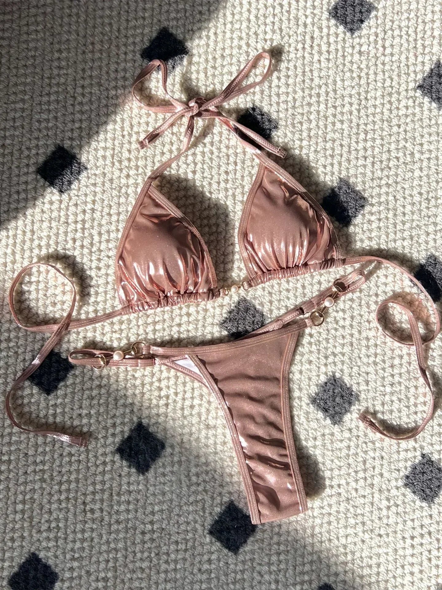 Shiny Pink Micro Bikini 2026 Mujer Women Sexy PU Pearls Push Up Thong Swimsuit Summer Bathing Suit Bandage Holiday Swimwear
