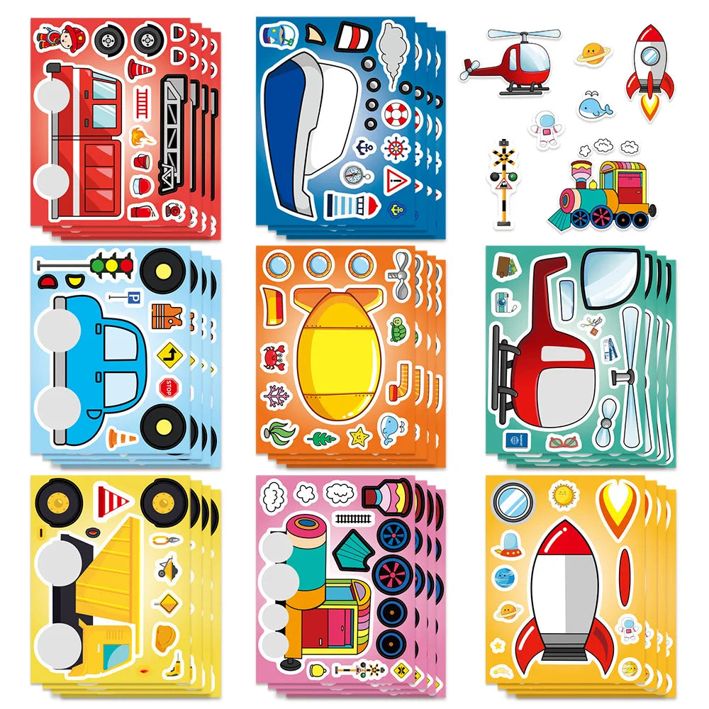 8/16/24PCS Cartoon Transportation Car Face Changing Puzzle Stickers DIY Decoration Guitar Helmet Notebook Stationery Stickers