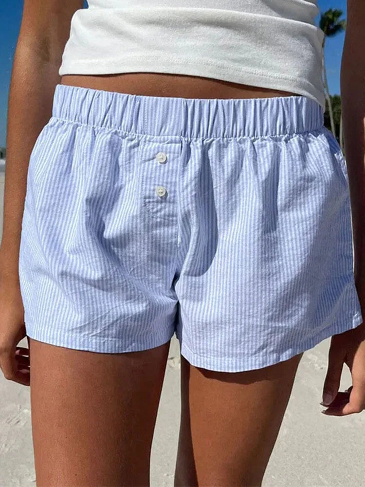 Women's Striped Print Casual Elastic Waist Shorts Y2K Loose Fit Summer Streetwear Chic Basic Fashion Button Detail