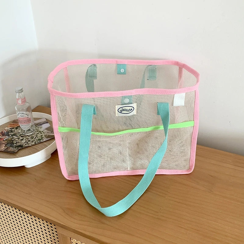 Ladies Summer Transparent Mesh Breathable Handbag Outdoor Beach Shower Handbag Large Capacity Beach Bags Portable Swimming Tote