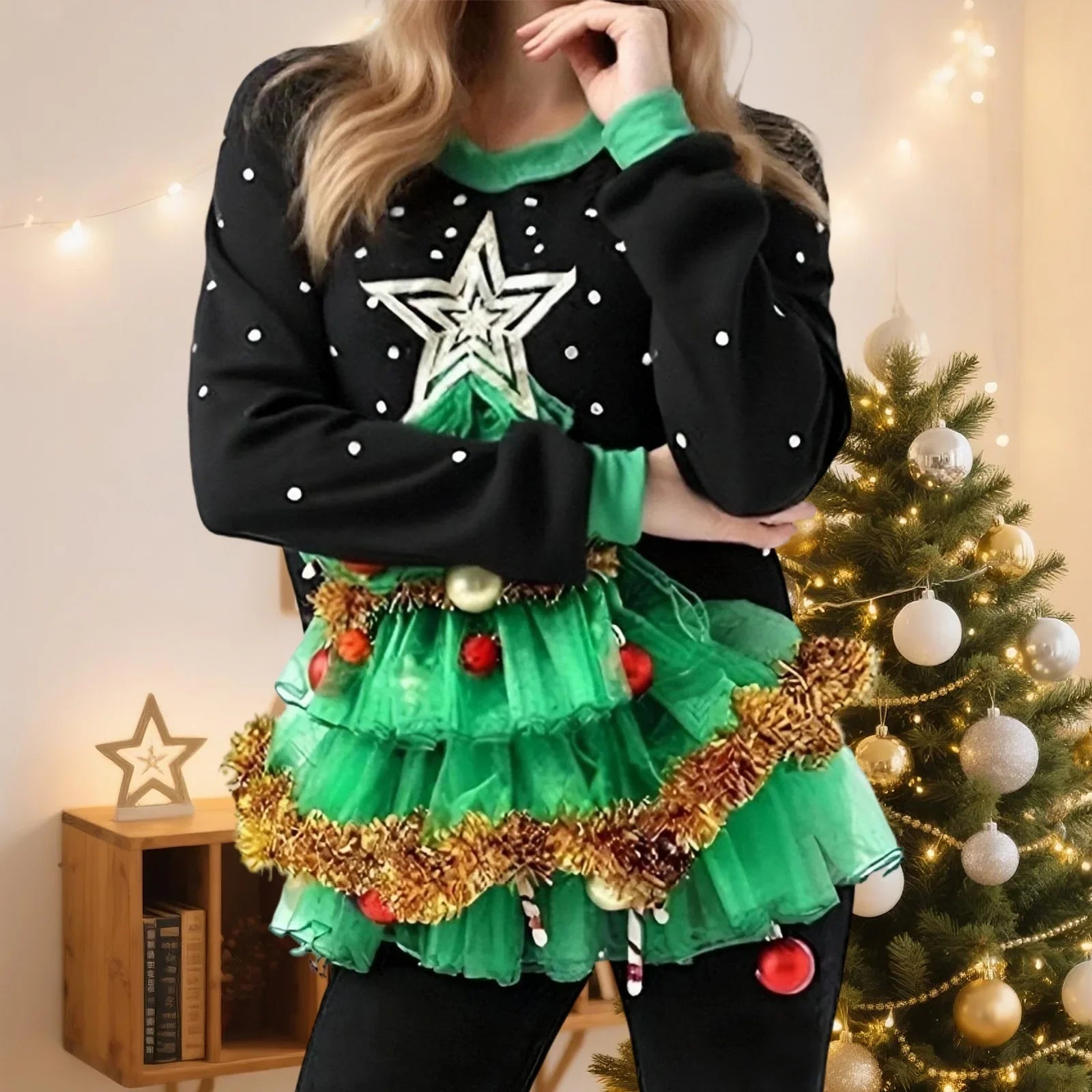 Women’s 3D Christmas Tree Sweatshirts Long Sleeve Round Neck Loose Pullovers Holiday Tops