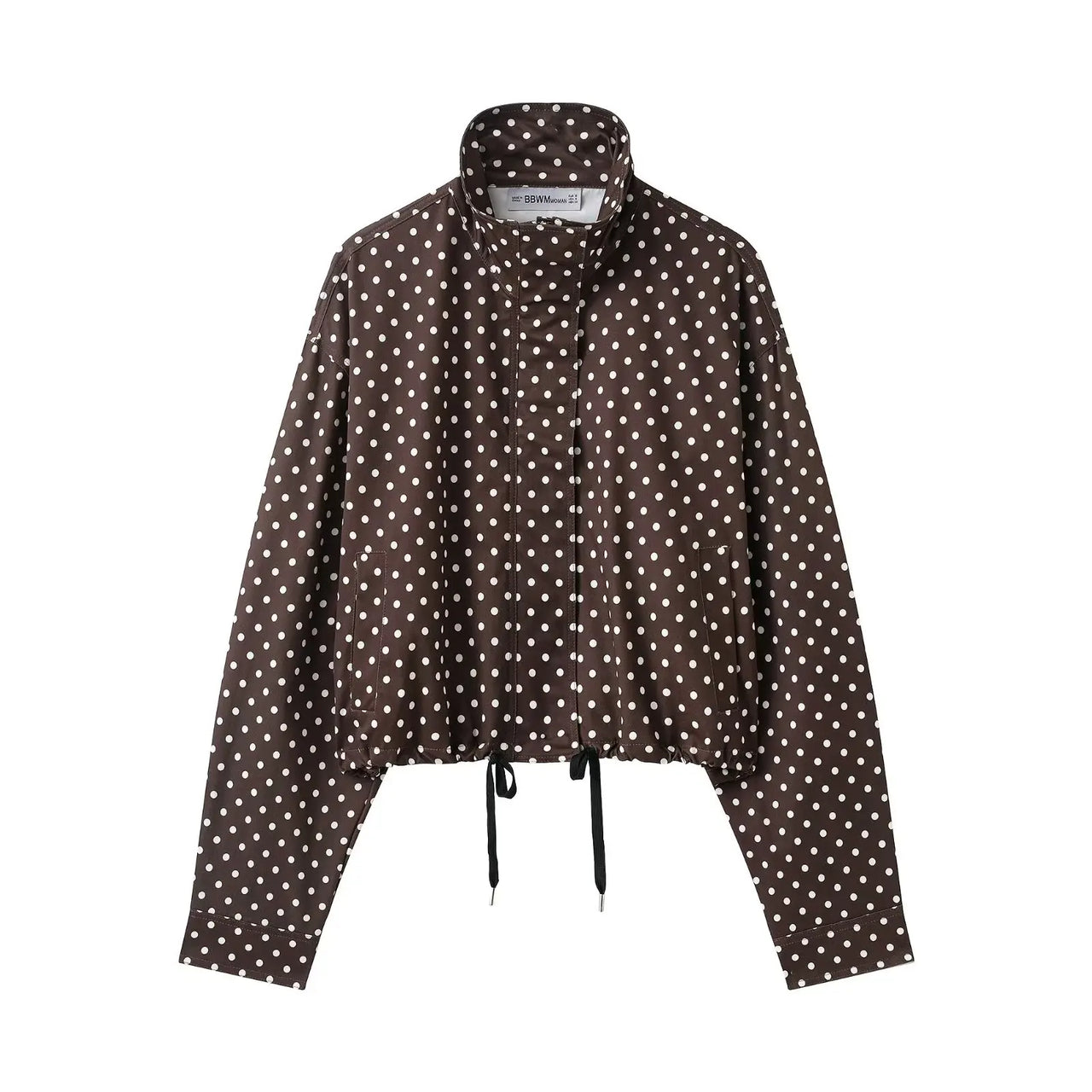 HH Fashion Women's Polka Dot Print Short Coats Autumn Long Sleeves Turtleneck Zipper With Pockets Drawstring Casual Jacket