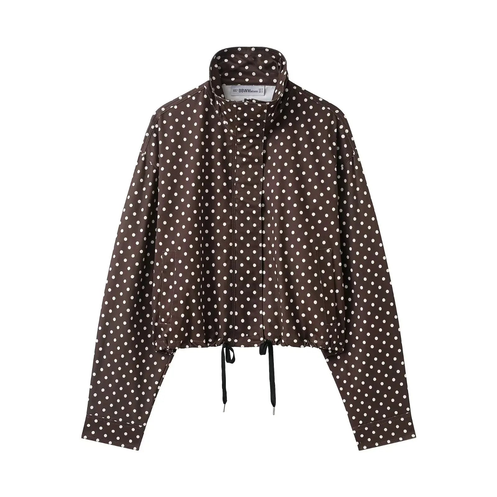 HH Fashion Women's Polka Dot Print Short Coats Autumn Long Sleeves Turtleneck Zipper With Pockets Drawstring Casual Jacket