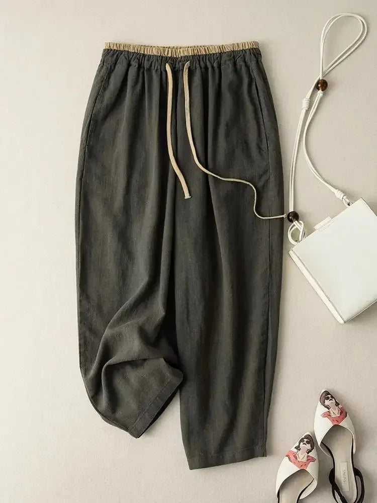 Retro commuting pants, Korean version, minimalist style, cotton linen wide leg casual pants, women's loose hanging straight leg