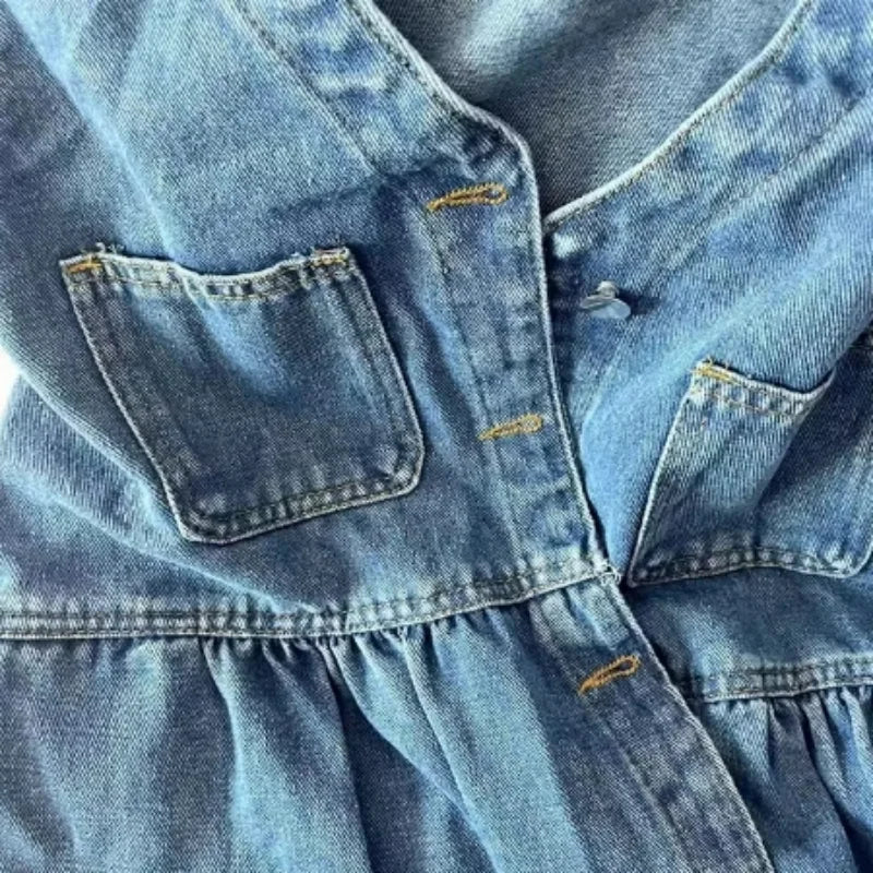 Sleeveless Strap Dress Women Summer Single-Breasted Pockets Denim Dresses Woman Korean Style Loose A Line Mini Dress