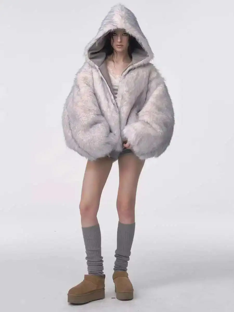 Winter American Retro Fur Coat Women Padded Hooded Cotton-Padded Jacket Plush Casual Street Gothic Harajuku Oversize Coat