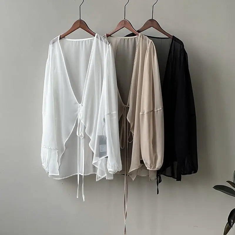 Shirts Women V-neck Loose Long Sleeve Open Stitch Korean Style Lace-up Simple Solid Summer Chiffon Breathable Minimalist Stylish
