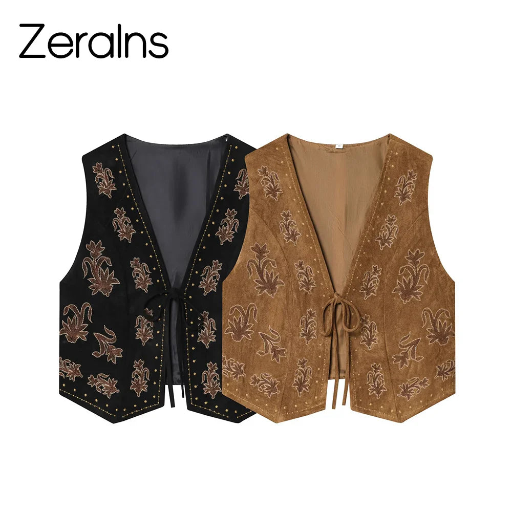 ZERAINS Autumn new women's clothing European and American style bead embroidery suede texture effect vest
