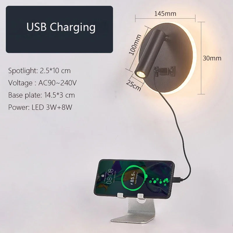 Modern Minimalist Led Wall Lamp USB Charging Indoor Bedroom Lamp Hotel Bedside Reading Lamp Wall Lights Sconce Switch AC 90~240V