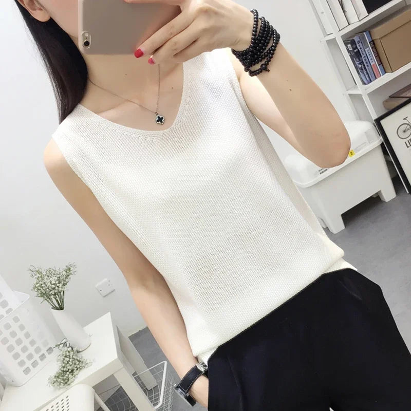 Fashion Woman Blouses 2024 V-neck Knitted Blouse Shirt Women Clothes Sleeveless Summer Blouse Women Womens Tops And Blouses C860