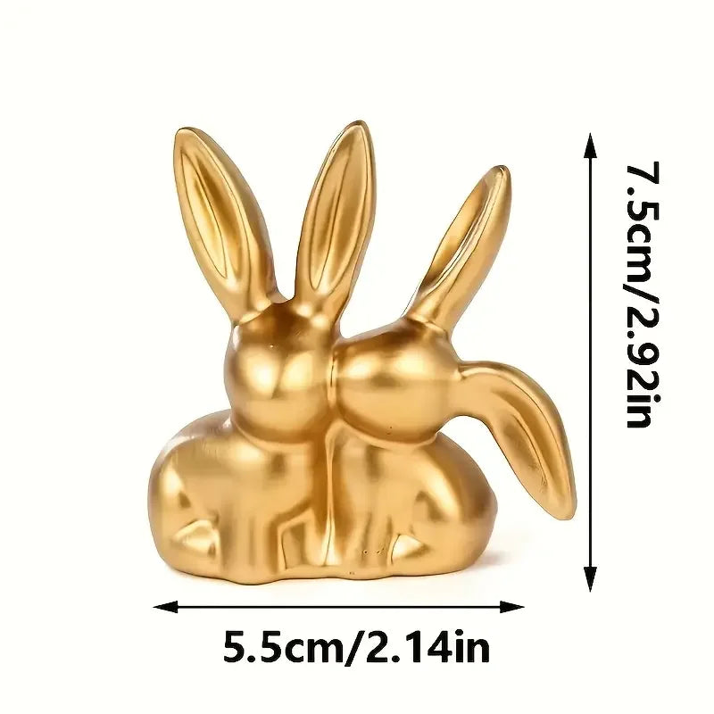 1pc  Collectible figurine  ,Golden cute double rabbit ornament, creative decorative item for home desktop.