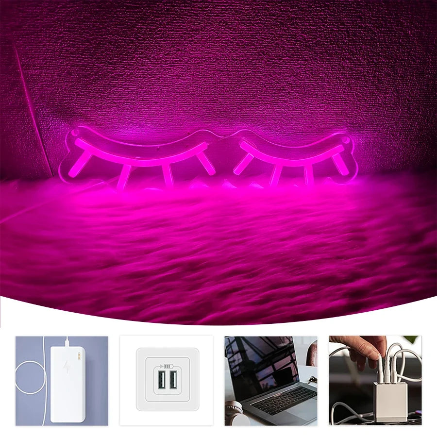 Pink Eyelash Led Neon Sign, Suitable For Eyelash Room Decor, Art Wall Lamp In Dressing Room And Beauty Salon, Powered By Usb.